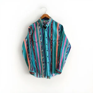 Vintage Wrangler Aztec Shirt Sz X-long Tails 15-35 Striped Brush popper Western - Picture 1 of 10