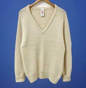 St Michael 100% Wool Jumper Men's M Cream Chunky Rib Knit V-Neck Vintage 90s M&S - Picture 1 of 19