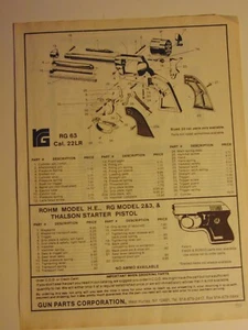 RG 63 cal .22 LR Revolver Parts assembly Diagram 1990's catalog  print ad - Picture 1 of 1