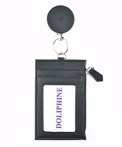 Black 2 in 1 Retractable Reel and Deluxe zipper Leather Vertical ID Badge Holder - Picture 1 of 3