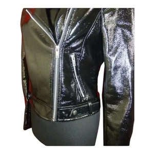 Miss selfridge Women’s Black Faux Patent Leather Biker Rock Chick Jacket Uk 10 - Picture 1 of 7