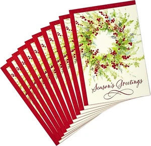 10x Hallmark Christmas Cards w/ Envelopes Foil Glitter Wreath Season's Greetings - Picture 1 of 6