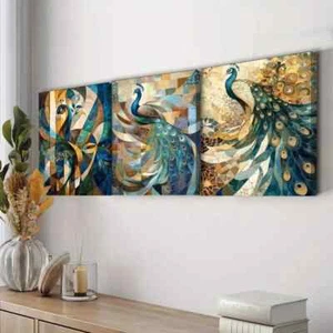 3pcs Featuring a Peacock Displaying Feathers Wall Art Canvas Framed 50x70cm - Picture 1 of 3