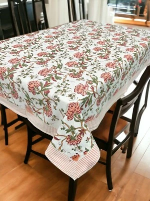 Indian Hand Block Print Tablecloth 100%Cotton Floral Rectangular 60*90 Inch Boho - Image 1 of 4