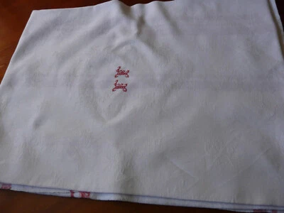 Ancienne grande nappe en damassé lin liteaux rouge monogrammée FF - Photo 1/4