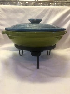 Green/Teal Serving Dish with Lid and candle warming stand - Picture 1 of 12
