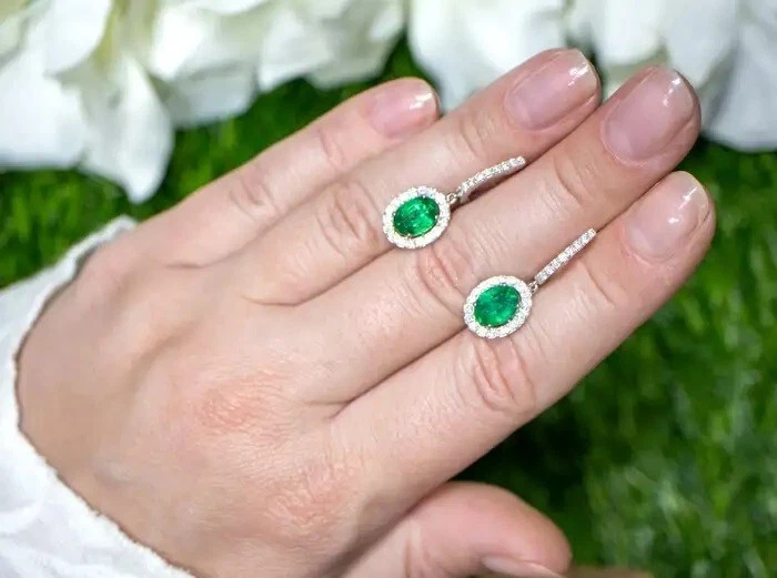 935 Argentium Silver 3.40TCW Simulated Emerald & White Sapphire Hoop Earrings - Image 1 of 4