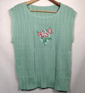 Vintage Sweater Small Sleeveless Mint Green Embroidered Flowers Grannycore - Picture 1 of 12