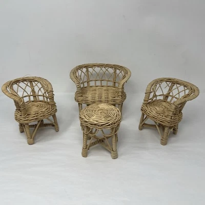 Vintage Barbie Doll Size 4-Piece Wicker Rattan Set 2 Chairs, Table, Loveseat  - Image 1 of 4