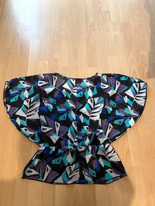 80s Fledermaus tropical Chiffon Tunika Bluse schulterfrei Schößchen Aquatöne - Bild 1 von 5