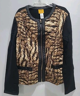 RUBY RD FAUX LEATHER JACKET CHEETAH TIGER QUILT ANIMAL PRINT/BLACK W/ POCK SZ 14 - Image 1 of 4