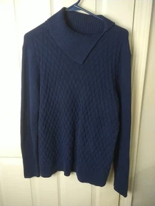 Lands End Woman L Blue Cable Knit Sweater Ribbed Sleeve Shawl Split Collar Y2K - Picture 1 of 10