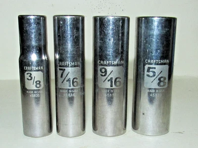 4 Craftsman USA Etched Deep Sockets 3/8" Drive 6 Point SAE 3/8" 7/16" 9/16" 5/8" - Image 1 of 4