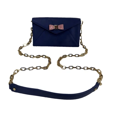 Tory Burch Envelope Blue Leather Bow Gold Chain Clutch Crossbody Wallet Purse - Image 1 of 4
