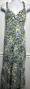 TOMMY HILFIGER Maxi Sundress M Floral 100% Cotton Green Blue Smocked Layered - Picture 1 of 10
