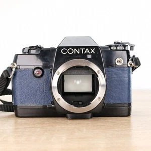 Contax 167 MA Cuarzo Negro - 35mm SLR Probado Funcionamiento Cuero Azul Recubrimiento - Imagen 1 de 8