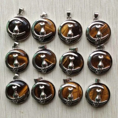Wholesale 12pcs Natural Tiger Eye Stone Moon Cat Metal Alloy Pendants Necklace - Image 1 of 4