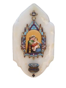 Benitier emaux cloisonne miniature Vierge Enfant Jesus Madone 19ème - Bild 1 von 12