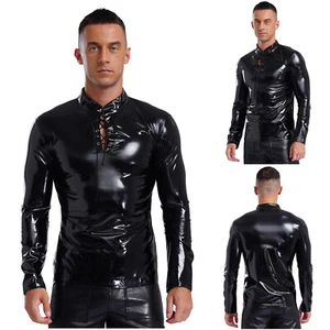 Mens Glossy PU Leather Compresssion Shirt Long Sleeve Wet Look Pullover Jackets - Picture 1 of 20
