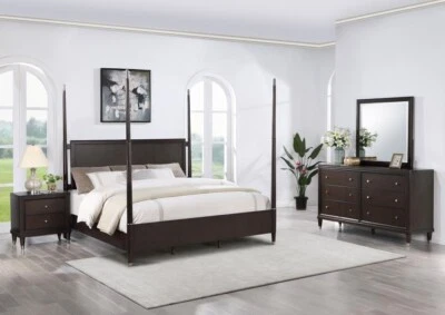 4 PC SLEEK  FOUR 4 POSTER QUEEN BED NS DRESSER MIRROR BEDROOM FURNITURE SET - Image 1 of 4