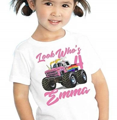 Camiseta Cumpleaños Unicornio Monster Truck Personalizada Niñas Pequeños Niños Jóvenes Nombre Foto 1 de 4