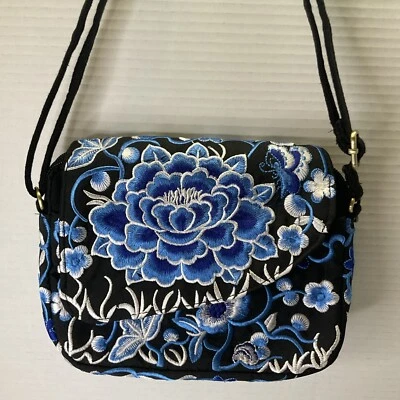 Blue Peony Embroidered Black Canvas Crossbody Shoulder Bag/Purse Double Zip - Image 1 of 4