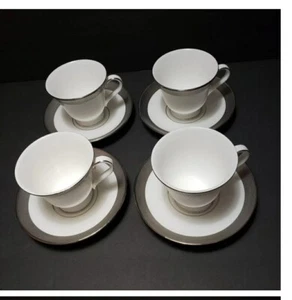 Vintage Set Of 4 WATERFORD "Kells Platinum" Footed Cup & Saucer Set - Picture 1 of 12