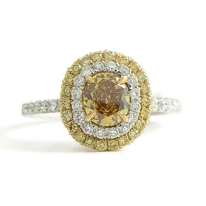 Fancy Yellow Cushion Diamond Double Oval Halo Ring 18K White Gold 1.10 CTW - Picture 1 of 11