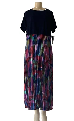 ROBBIE BEE ~WOMENS NAVY/MULTI PLEATED MAXI DRESS SHORT SLEEVE  SIZE 1X NEW - Image 1 of 4