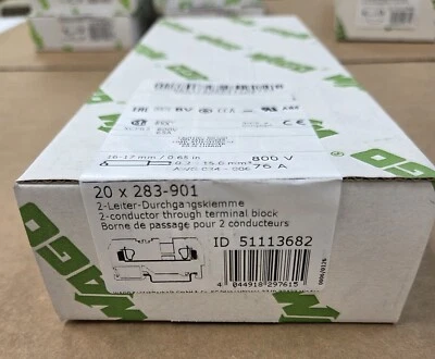 WAGO, 283-901, 2 CONDUCTOR GRAY TERMINAL BLOCK, BOX OF 20, NEW - Image 1 of 2