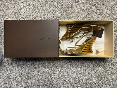 LOUIS VUITTON - VERY RARE Metallic Gold Strappy Shoes Sandal Wedge/Heel- Sz 38EU - Image 1 of 4