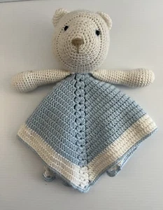 Handmade Teddy Bear Baby Crochet Security Blanket Blue White 14” Nursery - Picture 1 of 10