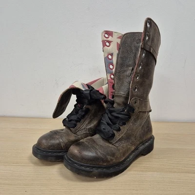 Dr Martens Aimilita Brown Leather Union Jack Lined 12 Holes Fold Down Boots Uk 5 - Image 1 of 4