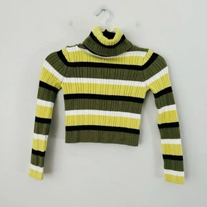 Cupcakes And Cashmere Green Striped Turtle Neck Cropped Long Sleeve Top Kids M - Picture 1 of 9