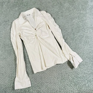 Blusa clásica vintage y2k blanca algodón manga larga envoltura oficina sirena cuello  - Imagen 1 de 4