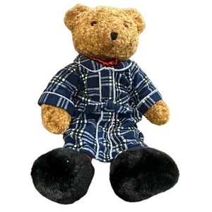 Plaid Pajama Teddy Bear Plush With Black Faux Fur Paws & Red Bow Tie 14 Inches - Picture 1 of 11