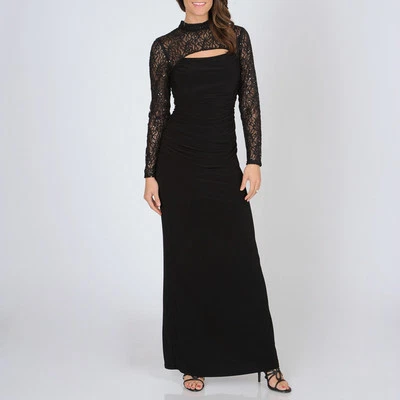 New Cachet Women Size 4 Black Keyhole Sequins Lace Mock Shrug Shirred Gown Dress - Image 1 of 3