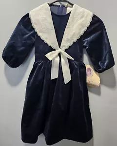 Vtg Rare Editions Dress Size 7 Navy Blue Velvet Lace Collar Bow 3/4 Sleeve - Picture 1 of 3