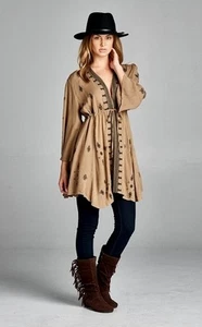New Womens VELZERA TAUPE AZTEC BOHO GYPSY BABYDOLL SHIRT BLOUSON TUNIC S Small - Picture 1 of 3
