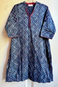 FABINDIA Kaftan Dress Small Cotton Embroidered Blue Hand Block Printed Mirrored - Picture 1 of 14