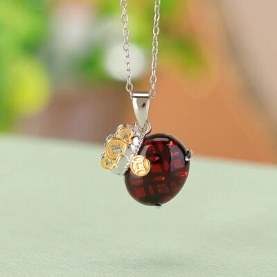 F02 Rimorchio Glücksbeutel Dorato Monete Ambra Blutbernstein Argento Fine - Immagine 1 di 4