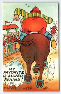 ¡Mi favorito siempre está detrás! Postal de lino vintage años 40 carreras de jinetes - Imagen 1 de 2