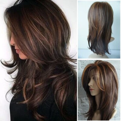 Women Dark Brown w/Gold Highlight Ombre Shoulder Length Wig Synthetic Curly Hair - Image 1 of 4