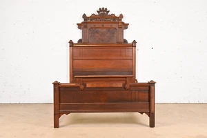 Antique Monumental Eastlake Victorian Carved Burled Walnut Full Size Bed, 1880s - Picture 1 of 11