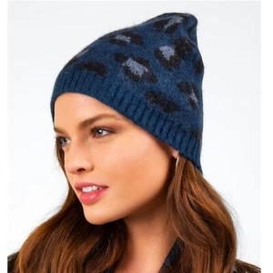 Cappello berretto nuovo Francesca's blu navy, nero e grigio leopardato fuzzy - Foto 1 di 5