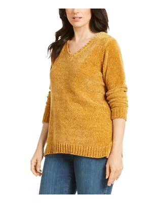 Suéter de chenilla dorado Karen Scott 285461 para mujer con cuello en V talla XL Foto 1 de 3