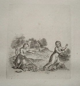 Kinder gehen mit kleinem Hund spazieren Kupferstich P. van der Aa 1703 - Picture 1 of 1