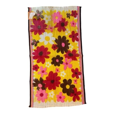 "Alfombra de colección Tootsie estampada a mano años 60 70 rosa marrón amarillo flor margarita 24""x45""" Foto 1 de 4