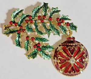 Broche prendedor vintage NAVIDAD MONET estrás tono dorado acebo y adorno - Imagen 1 de 5