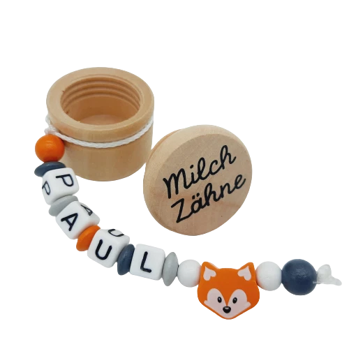 FRAU ELSE Milchzahndose mit Namen Geschenk Geburtstag Einschulung Junge Mädchen Holz Fuchs